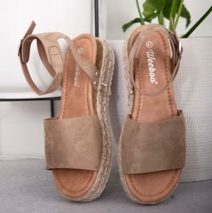 Faux Suede Taupe / Tan Wide Strap and Ankle Strap Espadrilles Dress Sandal